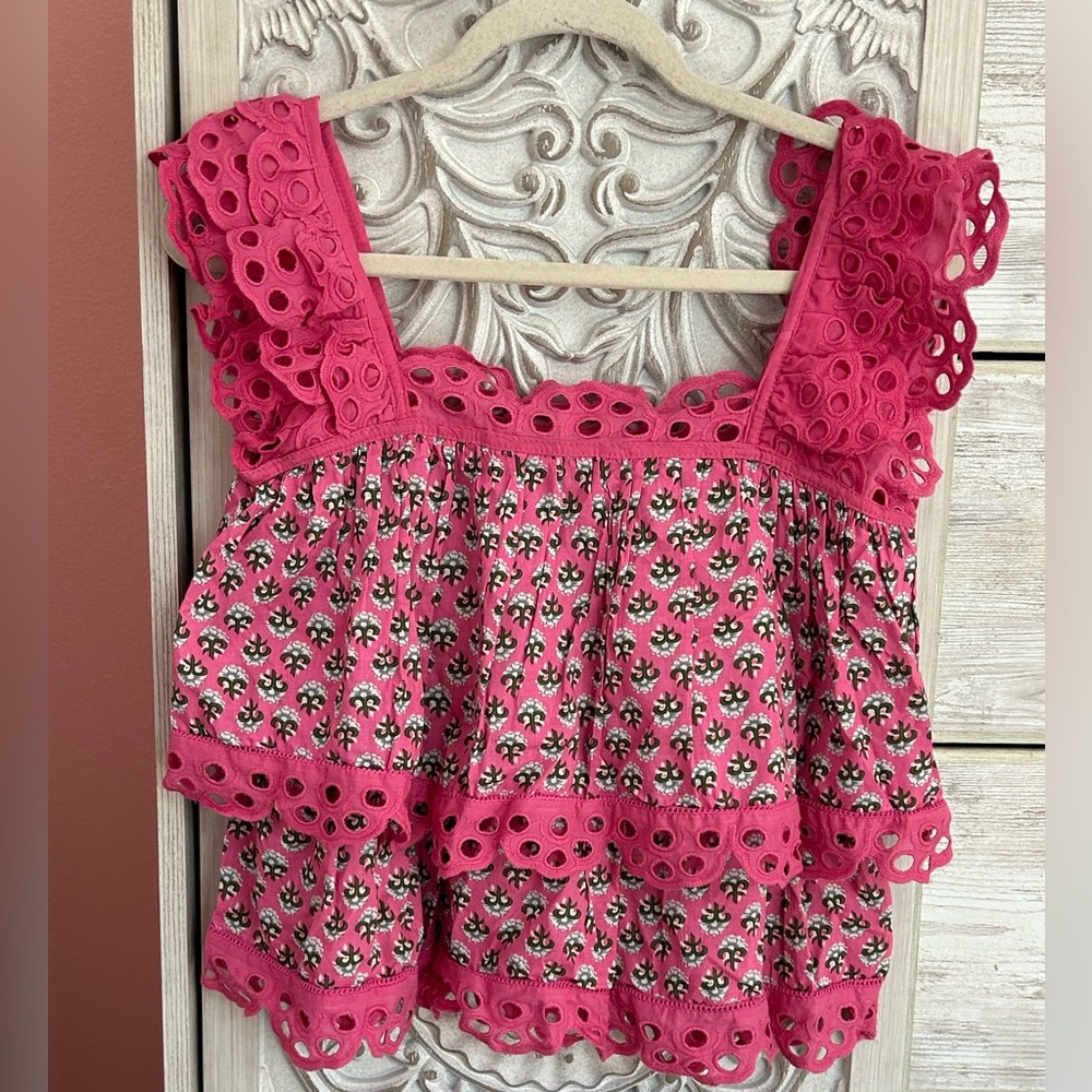 Anthropologie Pink Eyelet Tiered Floral Camisole